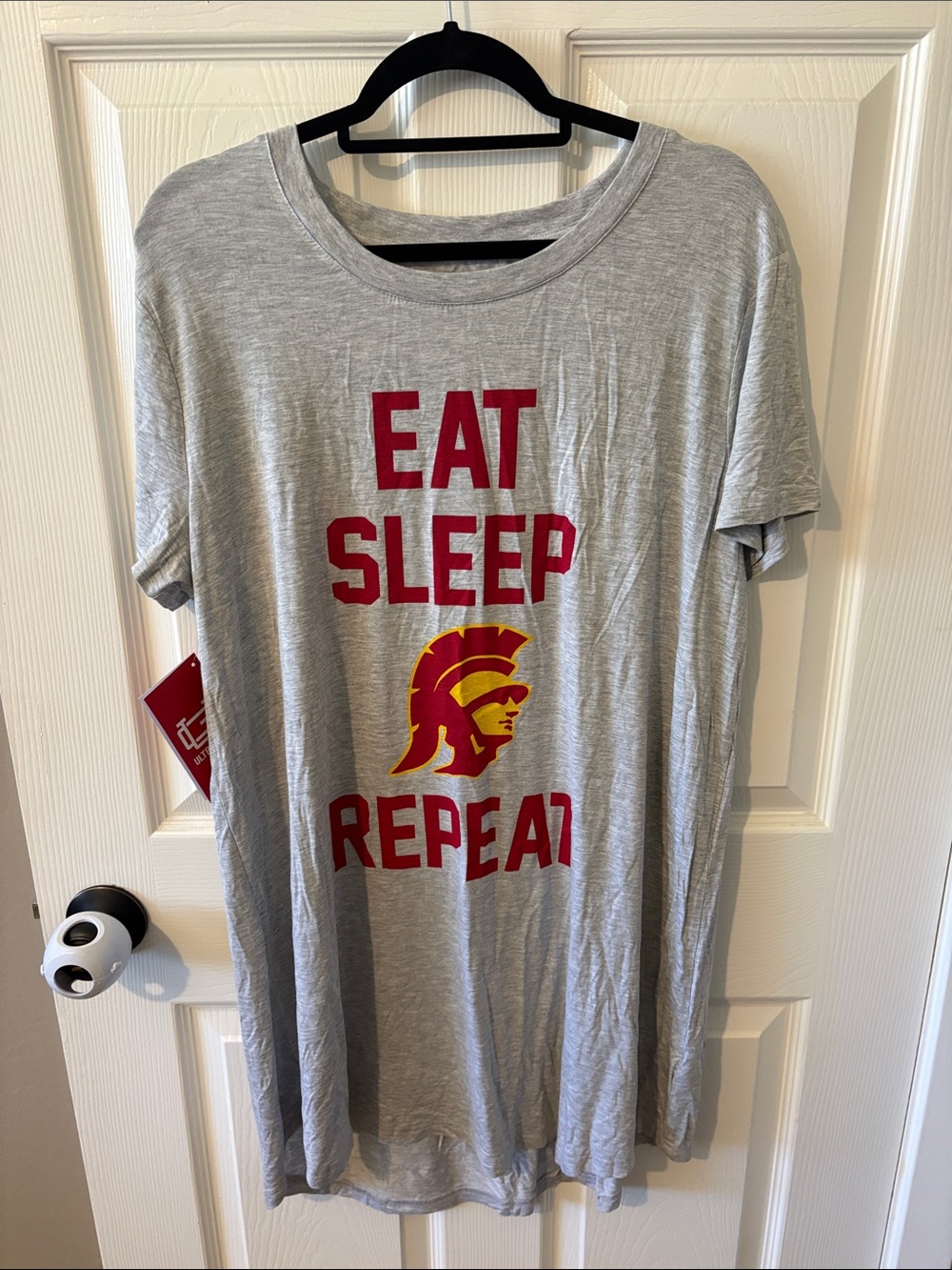 Eat Sleep Repeat USC Grey Tee Sleep shirt with Cardinal & Gold Trojan Logo